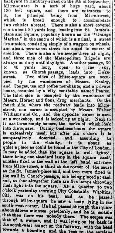The Newspaper description of Ripper Murder Location Mitre Square
