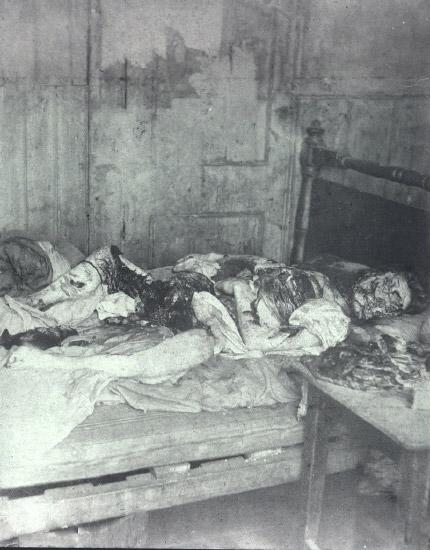 The crime scene of the murder of Mary Jane Kelly